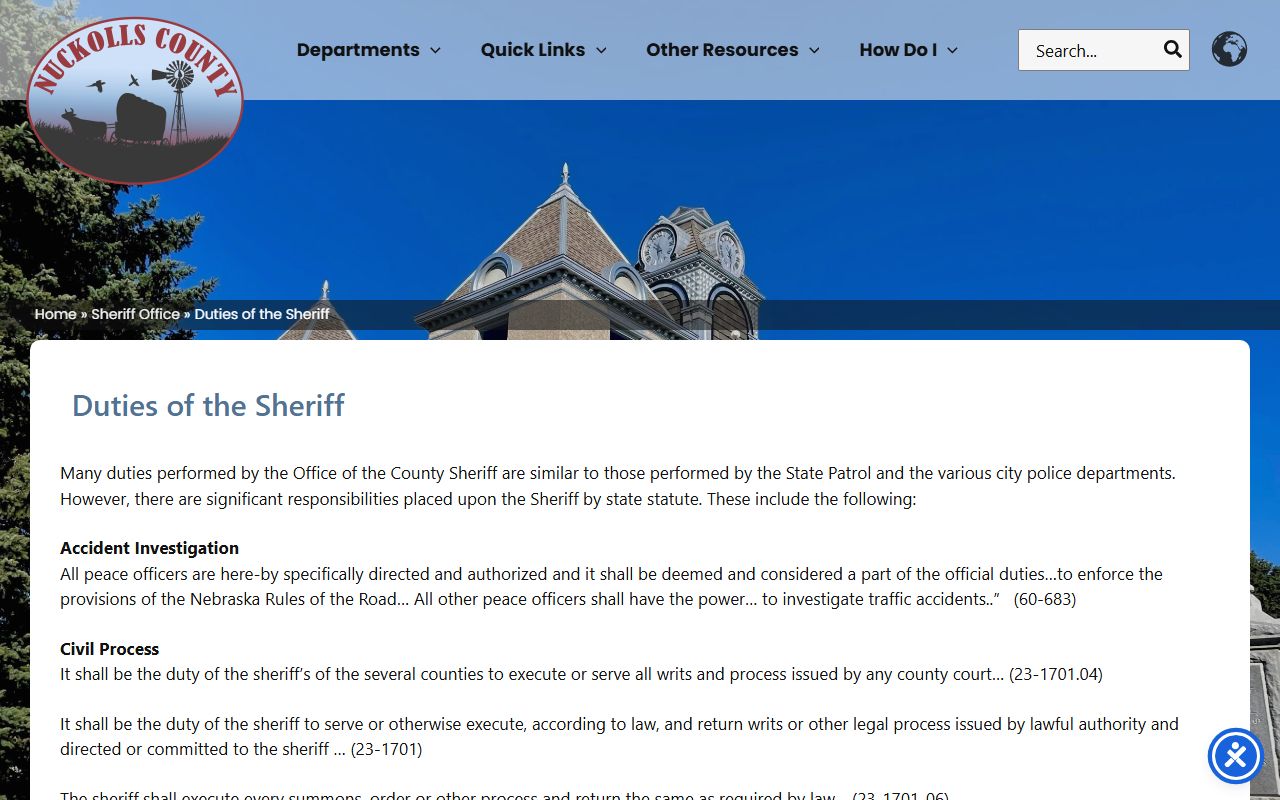 Nuckolls County sheriff duties page describing jail custody and law enforcement responsibilities