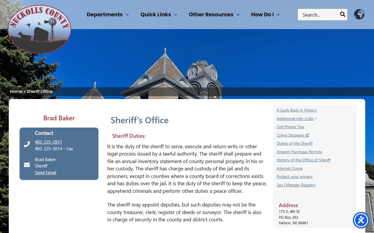 Official Nuckolls County Sheriff's Office page with sheriff contact information and inmate population search link